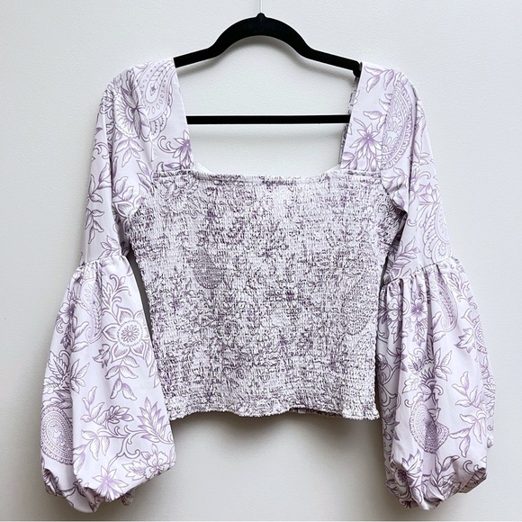 Venus Women’s 8 Floral Print Smocked Lavender Purple Puff Sleeve Top - Picture 8 of 8
